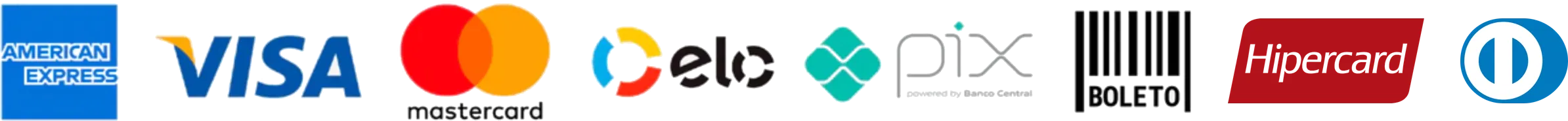 Pagamento com American Express, Visa, Mastercard, Elo, Pix, boleto, Hipercard ou Diners Club